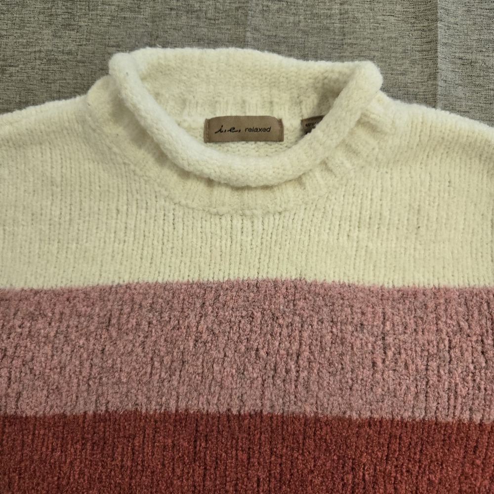 i. e. relaxed Women's Merino Wool Blend Roll Neck Striped Long Sleeve Sweater XL - Picture 3 of 8
